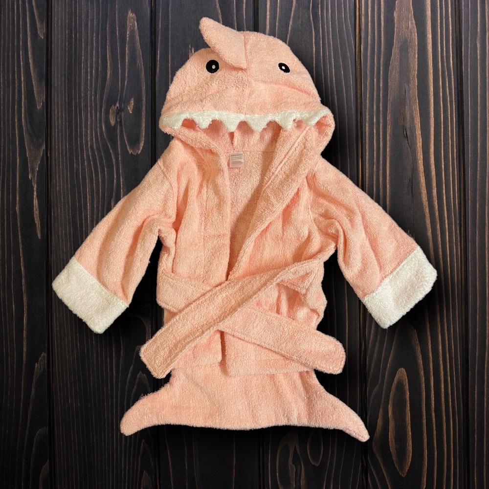 "Let the Fin Begin" Pink Shark Robe (0-9m) Baby Aspen - New No Tags Baby robe